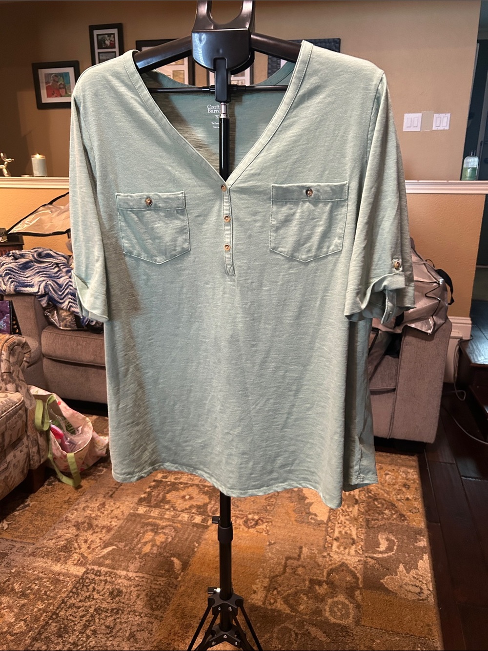croft & barrow Sage Green V-Neck Pocket Roll-Sleeve Tee